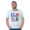 Una persona que viste una camiseta blanca con cuatro personajes vibrantes de Dragon Ball Z (Vegeta, Goku, Freezer y Broly) capturados en cuadrados coloridos, que encarnan la vibra pop de la cultura Estilos.