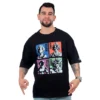 Un hombre que lleva una camiseta negra personalizada que celebra los estilos culturales pop, mostrando cuatro cuadrados vibrantes con personajes icónicos de Dragon Ball Z.