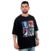 Un hombre que lleva una camiseta negra que muestra estilos de anime con diseños gráficos de personajes de anime vibrantes en paneles de colores.