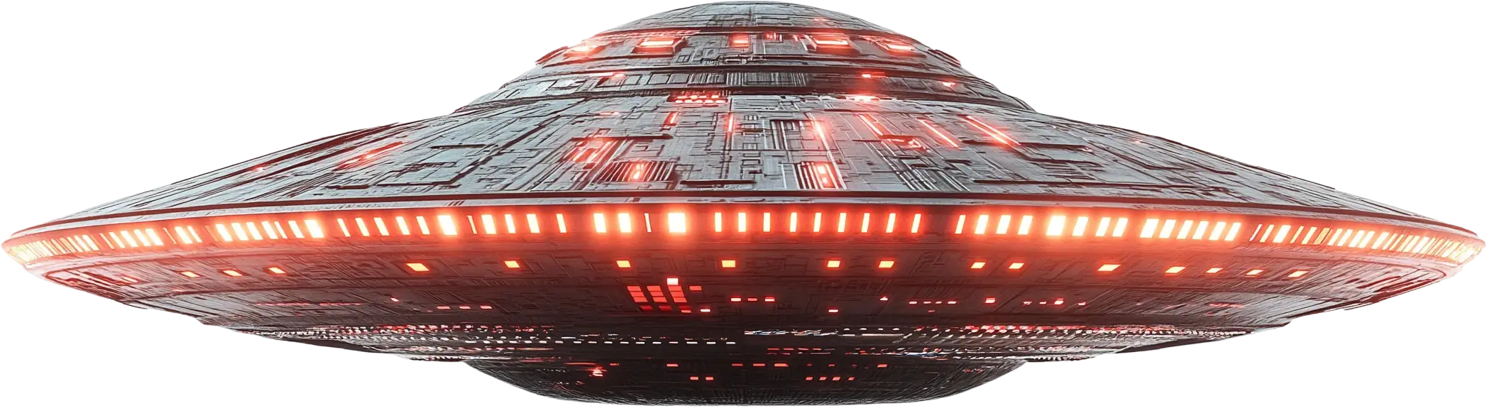 Una nave espacial grande y circular con luces brillantes de color rojo y naranja y detalles intrincados en la superficie se asemeja a diseños de estilos de anime.